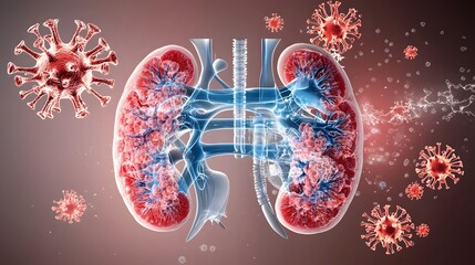Poster - Vibrant Detailed 3D Medical of Human Kidneys and Adrenal Glands in Red and Pink Gradient Soft Beige Background  High Technical Anatomy Study for Healthcare and Diagnostic Purposes