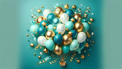 Wall Mural - Birthday A playful cluster of teal, gold, and white balloons with confetti designs, floating asymmetrically a4