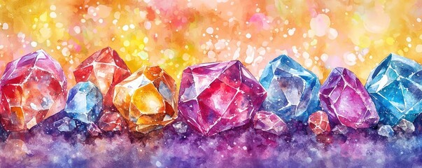 Poster - Splattered watercolor idea. A vibrant display of colorful crystals glowing against a dreamy background.