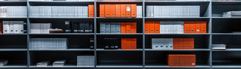 Aufkleber - a neatly organized library shelf with labeled binders and books, illustrating information source doc