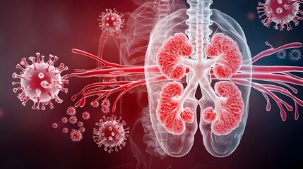 Poster - Detailed 3D digital showcasing the vibrant red tones and yellow orange highlights of the human kidneys and adrenal glands against a pink and beige gradient backdrop