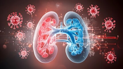 Poster - Stunning 3D of an anatomical kidney with vibrant red yellow and orange hues highlighting the adrenal glands against a warm textured background in beige and pink tones