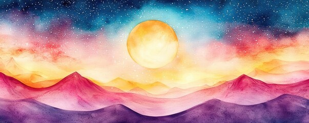 Poster - Starry watercolor idea. A vibrant watercolor landscape featuring mountains under a colorful sunset sky.