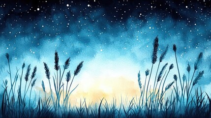 Poster - Starry watercolor idea. A serene night sky over silhouetted grass and plants, perfect for nature-themed projects.