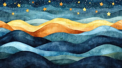 Poster - Starry watercolor idea. Beautiful watercolor landscape with waves and stars in a serene night sky.