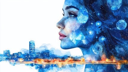 Aufkleber - Starry watercolor idea. A dreamlike portrait blending a woman's profile with cosmic elements and city skyline.