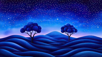 Poster - Starry watercolor idea. A serene blue landscape under a starry night sky with gentle rolling hills.