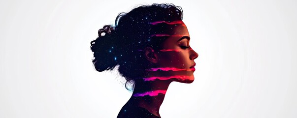 Aufkleber - Starry watercolor idea. A silhouette of a woman with colorful abstract patterns representing inner emotions.