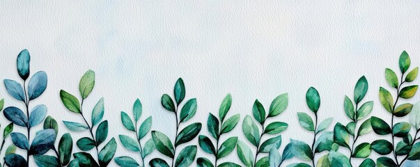 Poster - Rustic watercolor concept. A serene composition of lush green leaves on a soft, minimalist background.
