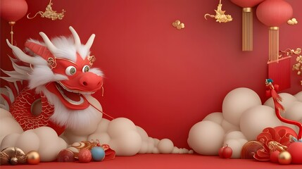 Aufkleber - Vibrant 3D rendering of a Chinese dragon head with bold red and gold tones fluffy white fur and colorful traditional oriental motifs and patterns