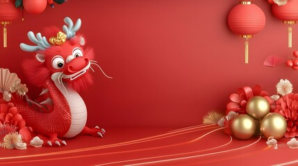 Aufkleber - Intricate and ornate traditional Chinese dragon head with bold vibrant colors fluffy fur and glowing light trails against a festive red and orange backdrop