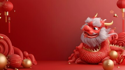 Aufkleber - Intricately designed 3D of a Chinese dragon head with fluffy fur bold vibrant colors and a mystical golden glow representing the traditional cultural and festive elements of the Lunar New Year