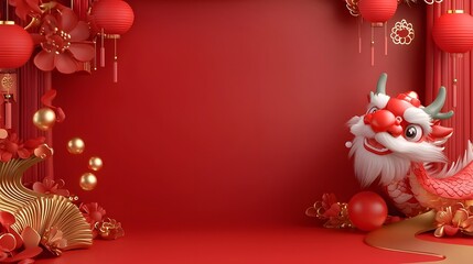 Aufkleber - Detailed 3D of a Chinese dragon head with intricate patterns fluffy fur bold and vibrant colors and a mystical golden glow evoking a sense of cultural festive Oriental aesthetic