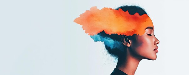Poster - Splattered watercolor idea. A profile of a woman with vibrant colors representing creativity and imagination.