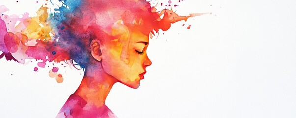 Poster - Splattered watercolor idea. Vibrant watercolor illustration of a woman with colorful thoughts and creativity.