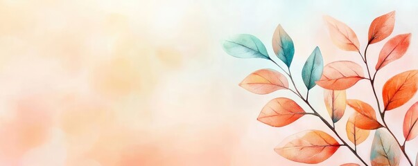 Poster - Rustic watercolor concept. Beautiful watercolor illustration of colorful leaves on a soft pastel background.