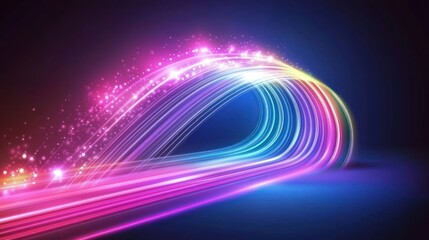 Poster - Rainbow light streaks curve, glowing, dark background, digital art, website banner