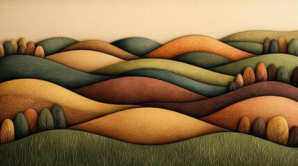 Aufkleber - Rustic watercolor concept. A serene landscape featuring rolling hills and a palette of warm, earthy colors.