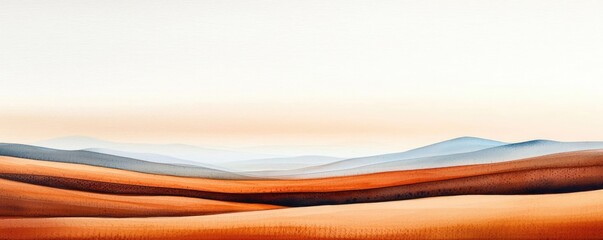 Poster - Rustic watercolor concept. Serene view of rolling hills featuring soft shades of orange and blue under a peaceful sky.
