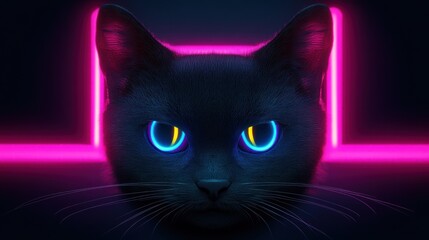 Poster - Neon Cat Portrait, Glowing Eyes, Dark Background, Digital Art
