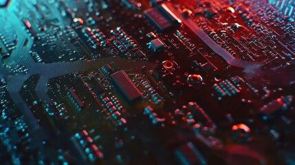 Poster - Abstract Close-up of a Circuit Board with Red and Blue Lighting