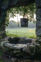 Wall Mural - Stone well, bucket, rope, misty field, sunrise.