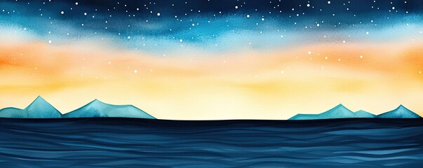 Poster - Starry watercolor idea. Serene seascape with starry sky and gentle waves at sunset, perfect for relaxation.