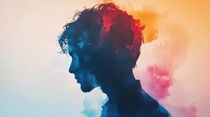 Poster - Splattered watercolor idea. Abstract silhouette of a person reflecting emotions in vibrant colors and textures.