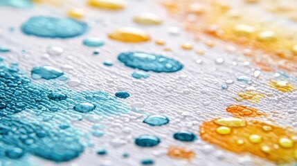 Poster - Splattered watercolor idea. Colorful water droplets create an abstract pattern on textured canvas.