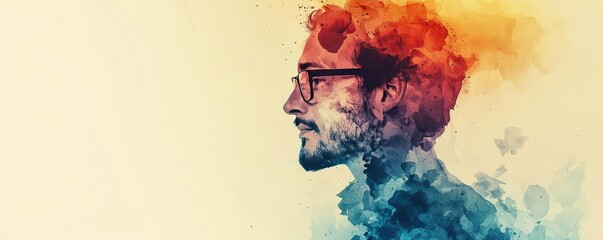 Aufkleber - Splattered watercolor idea. A creative portrait of a man with a colorful watercolor effect, showcasing personality.