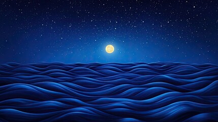 Aufkleber - Starry watercolor idea. A tranquil night seascape with waves under a bright moon and starry sky.