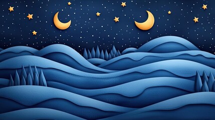 Aufkleber - Starry watercolor idea. A serene night scene featuring hills, trees, stars, and a crescent moon.