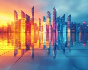 Aufkleber - Vibrant city skyline reflecting in a glassy plaza at sunset.