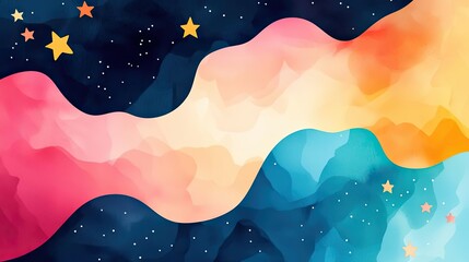 Poster - Starry watercolor idea. Colorful abstract background featuring vibrant waves and stars in a dreamy cosmic setting.