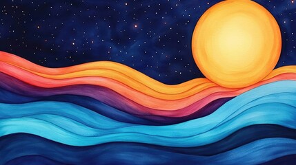 Aufkleber - Starry watercolor idea. Vibrant abstract waves and sun create a dynamic, colorful horizon at dusk.