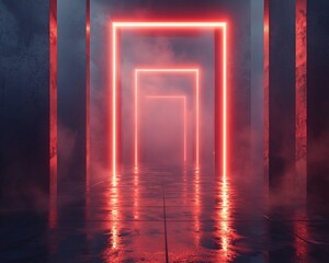 Poster - Glowing red neon portal in a dark, smoky corridor.