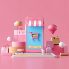 Poster - 3D minimal banner design showcasing an online shopping smartphone app, with icons representing online buying and digital marketing.