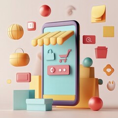 Poster - 3D minimal banner design showcasing an online shopping smartphone app, with icons representing online buying and digital marketing.