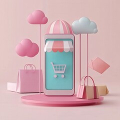 3D minimalistic design showing an online shopping experience on a smartphone application.