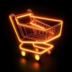 Poster - 3D render featuring a neon shopping icon, combining orange and yellow lights, set against a black background.
