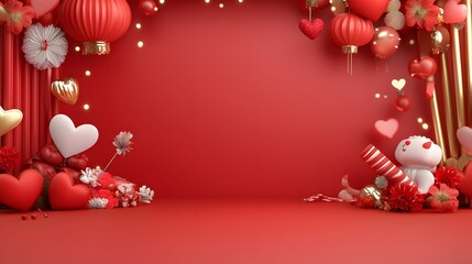 Poster - Romantic red and gold bokeh lights with soft heart shaped accents create a serene intimate atmosphere perfect for celebrating Valentine s Day with loved ones