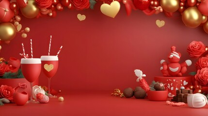 Poster - Luxurious and Romantic Valentine s Day themed Design Featuring a Lavish Table Display of Red Roses Chocolates and Subtle Heart Details Surrounded by Radiant Golden Bokeh and Sparkling Accents