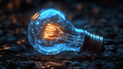 Glowing Blue Lightbulb On Dark Surface