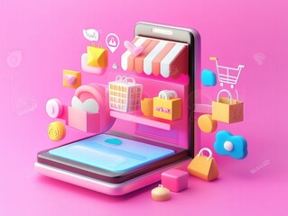 Poster - 3D-rendered smartphone with an online shopping interface is set against a pink backdrop, with various shopping-related icons surrounding the phone.