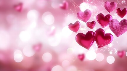 Poster - Bright and vibrant heart shaped in bold and striking colors scattered across a glowing radiant gradient background creating a festive and joyful Valentine s Day atmosphere