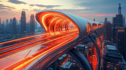 Poster - Futuristic elevated transportation tunnel above a city at sunset.