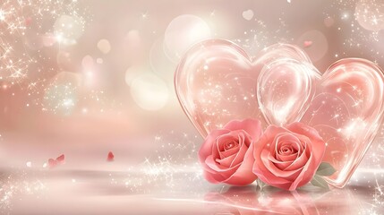 Poster - Elegant heart shaped chocolate box paired with vibrant red roses displayed on a warm pink surface with delicate lighting creating a romantic and captivating atmosphere