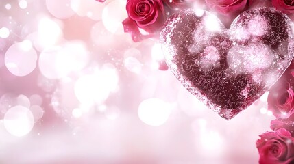 Poster - Luxurious heart shaped chocolate box encircled by a bouquet of fresh vibrant red roses set on a soft pink background creating an elegant and romantic scene for Valentine s Day