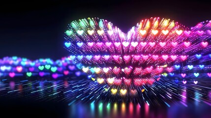 Fototapete - Vibrant multicolored LED heart shaped lights glowing dynamically and surrounded by a soft bokeh filled dark background creating a captivating and visually striking display of energy technology