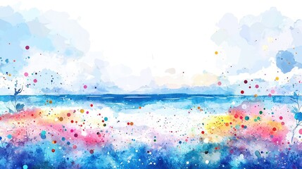 Poster - Splattered watercolor idea. A vibrant watercolor landscape with colorful splashes and serene blue ocean.